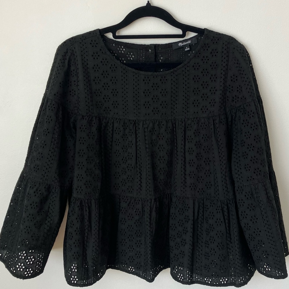 Madewell Black Eyelet Tiered Peasant Blouse